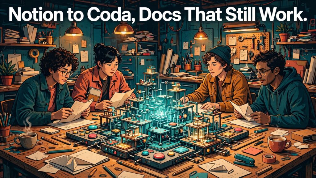 Migrate Notion to Coda docs team thumbnail with a docs team folding pages into a button-and-table machine