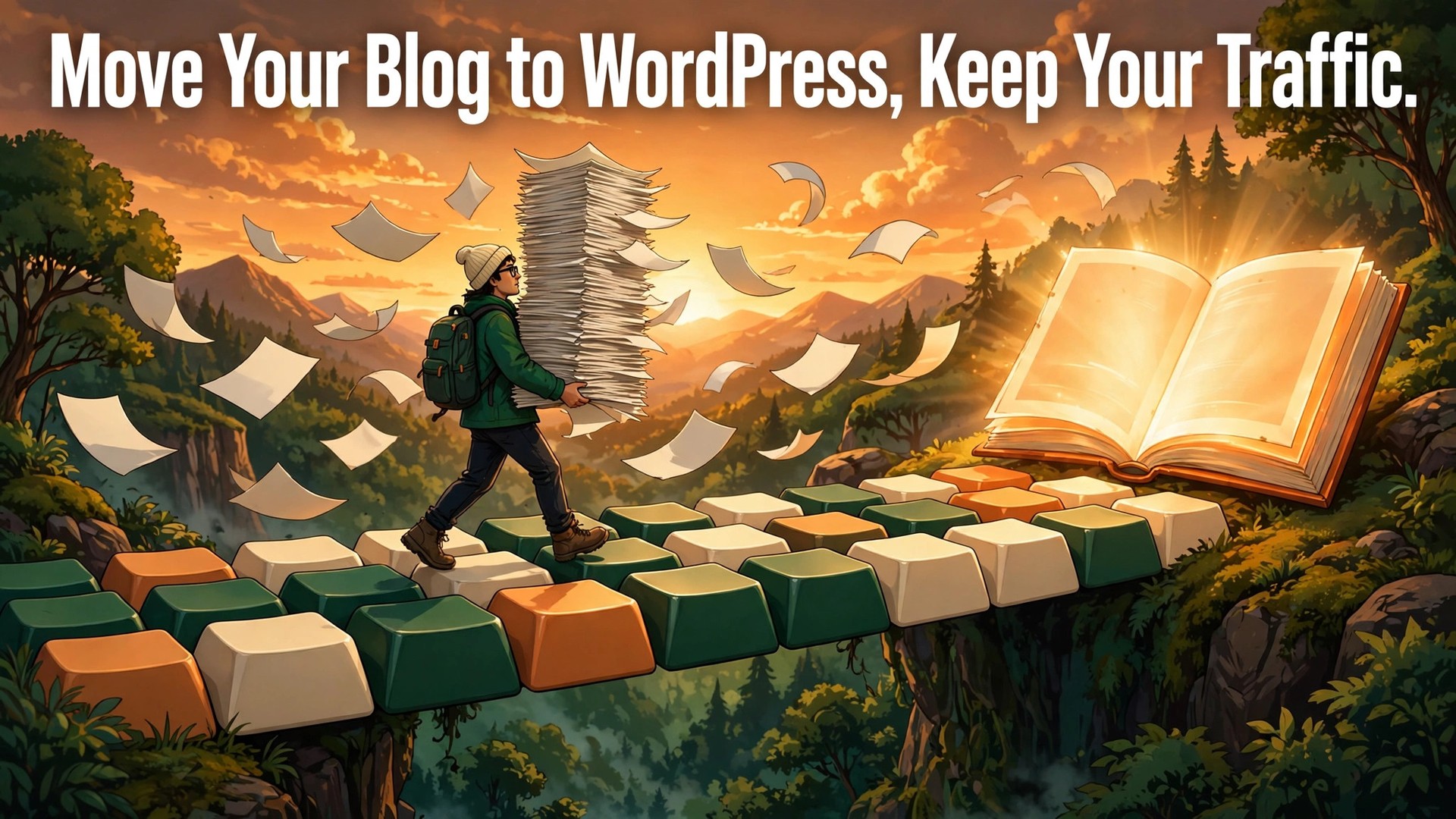 Migrate Wix to WordPress bloggers thumbnail with a blogger crossing a keyboard-key bridge toward a glowing open book