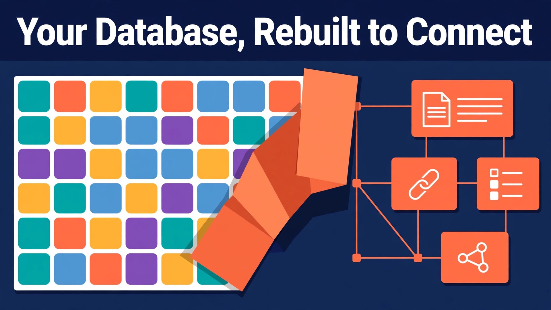 Switch Airtable to Notion database team thumbnail with a database grid unfolding into linked document cards