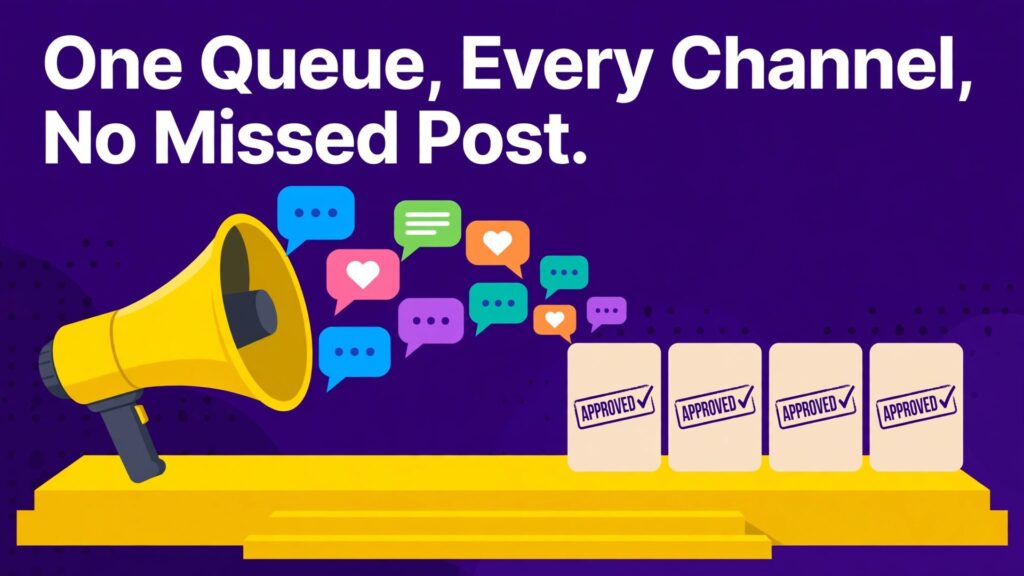 Switch Buffer to Hootsuite social team thumbnail with a megaphone sending posts toward approved queue cards
