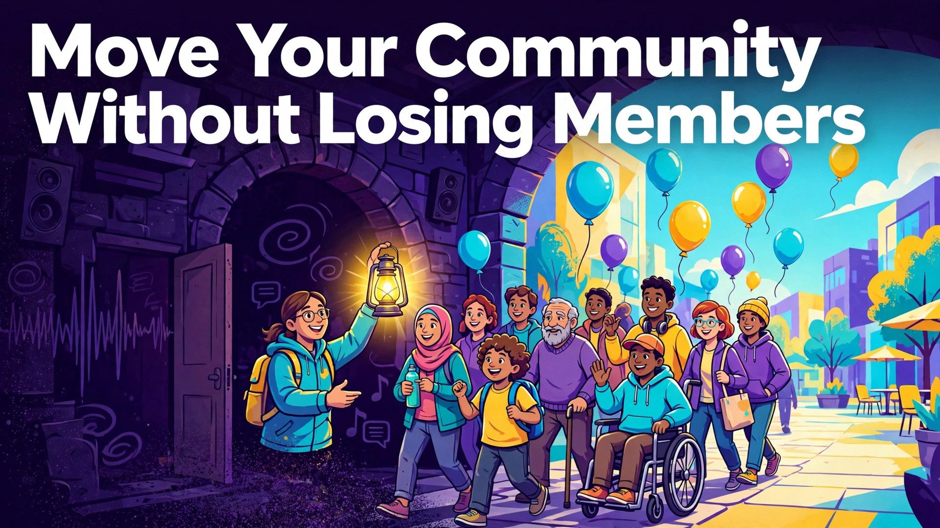 Switch Discord to Telegram community thumbnail with a lantern guide leading a crowd into a bright plaza