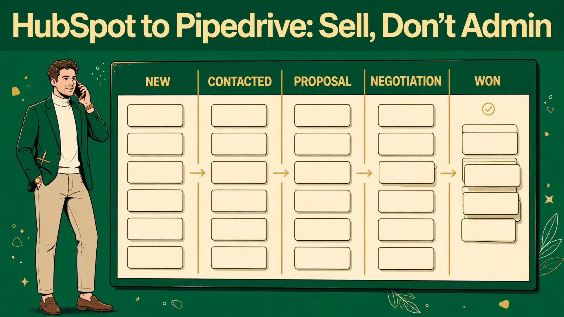 Switch HubSpot to Pipedrive sales team thumbnail with a sales rep beside a pipeline board of deal cards