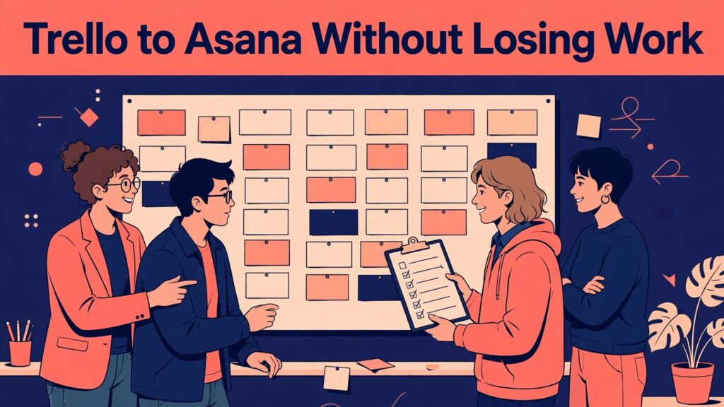Switch Trello to Asana marketing team thumbnail with a team around a wall board of task cards and a ticked checklist