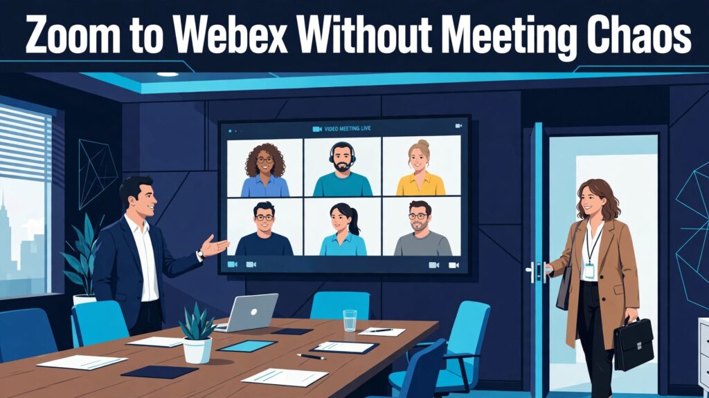 Switch Zoom to Webex enterprise meetings thumbnail with a boardroom video wall and a host welcoming a guest