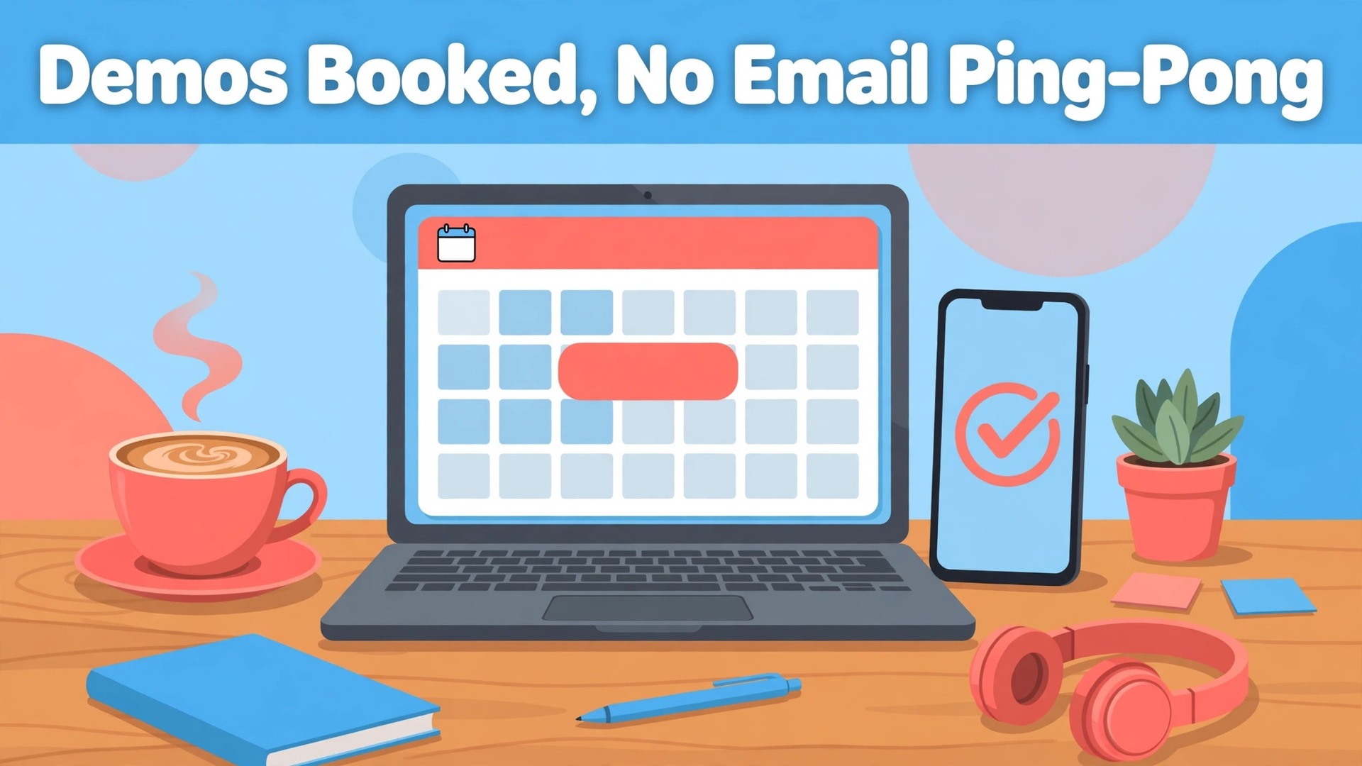 Use Calendly for sales demo booking thumbnail with a laptop calendar booking page and confirmation phone titled Demos Booked, No Email Ping-Pong