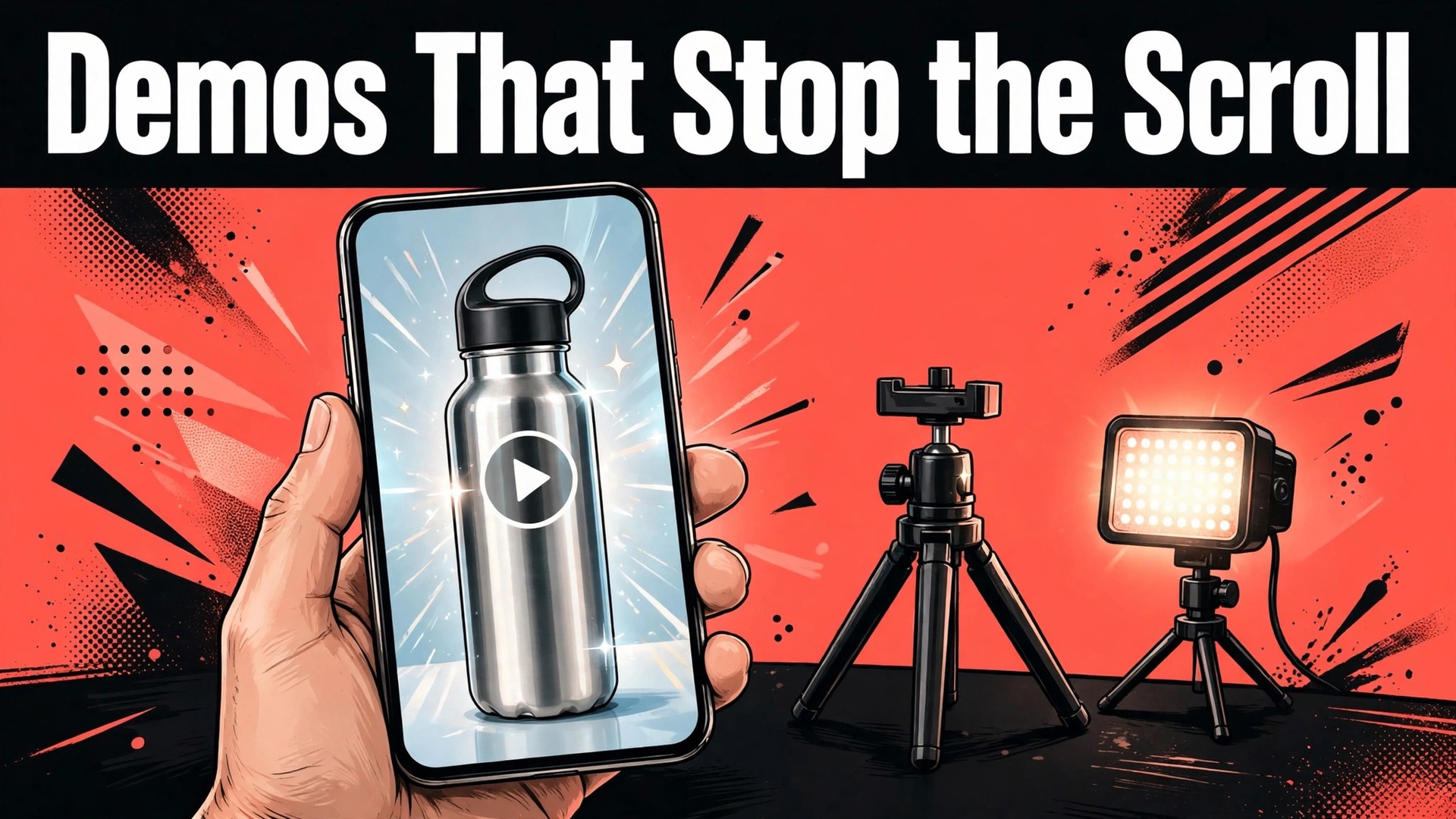 Use CapCut for TikTok product demos thumbnail with a phone playing a product demo beside a tripod titled Demos That Stop the Scroll