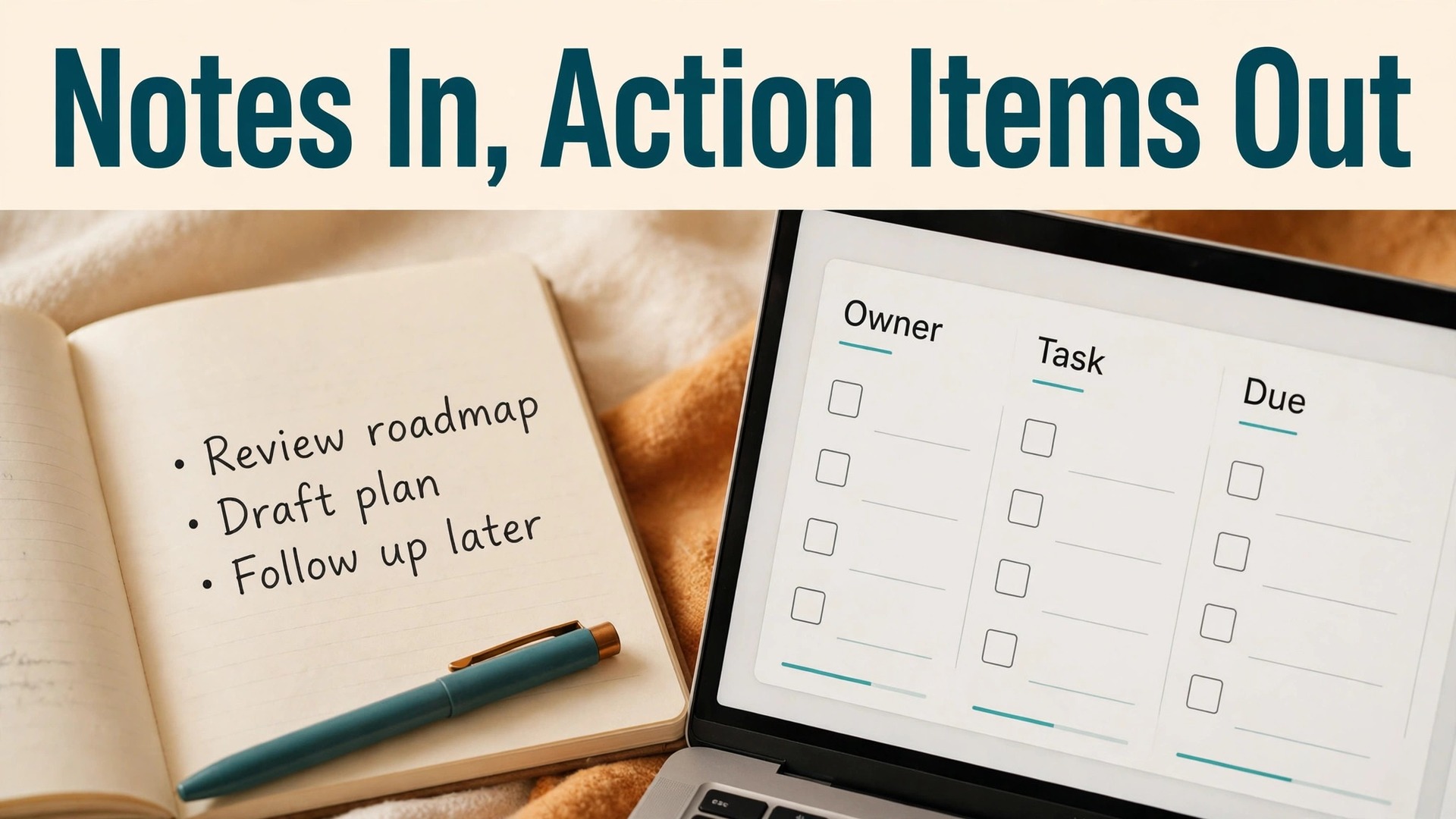 Use ChatGPT for meeting notes action items thumbnail with notebook notes beside a laptop action-item checklist titled Notes In, Action Items Out