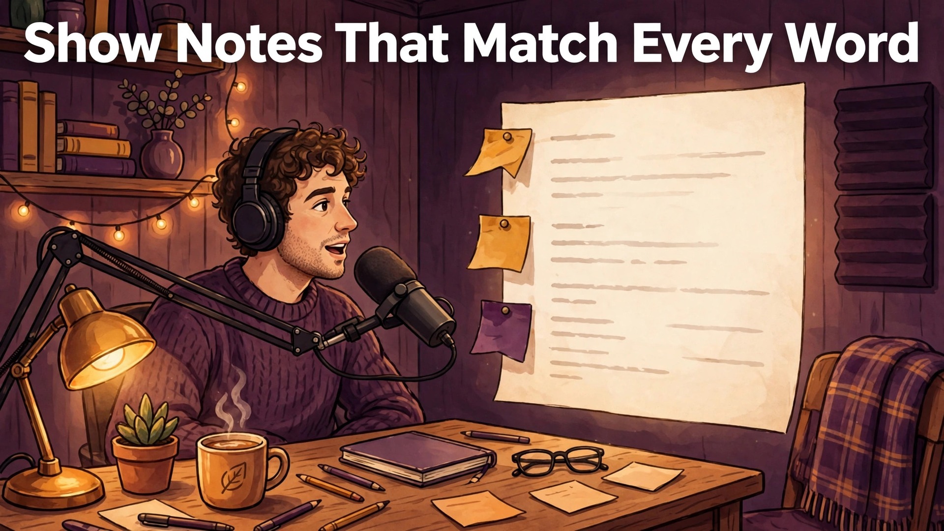 Use Descript for podcast show notes thumbnail with a podcaster at a home studio desk and transcript chapter flags titled Show Notes That Match Every Word