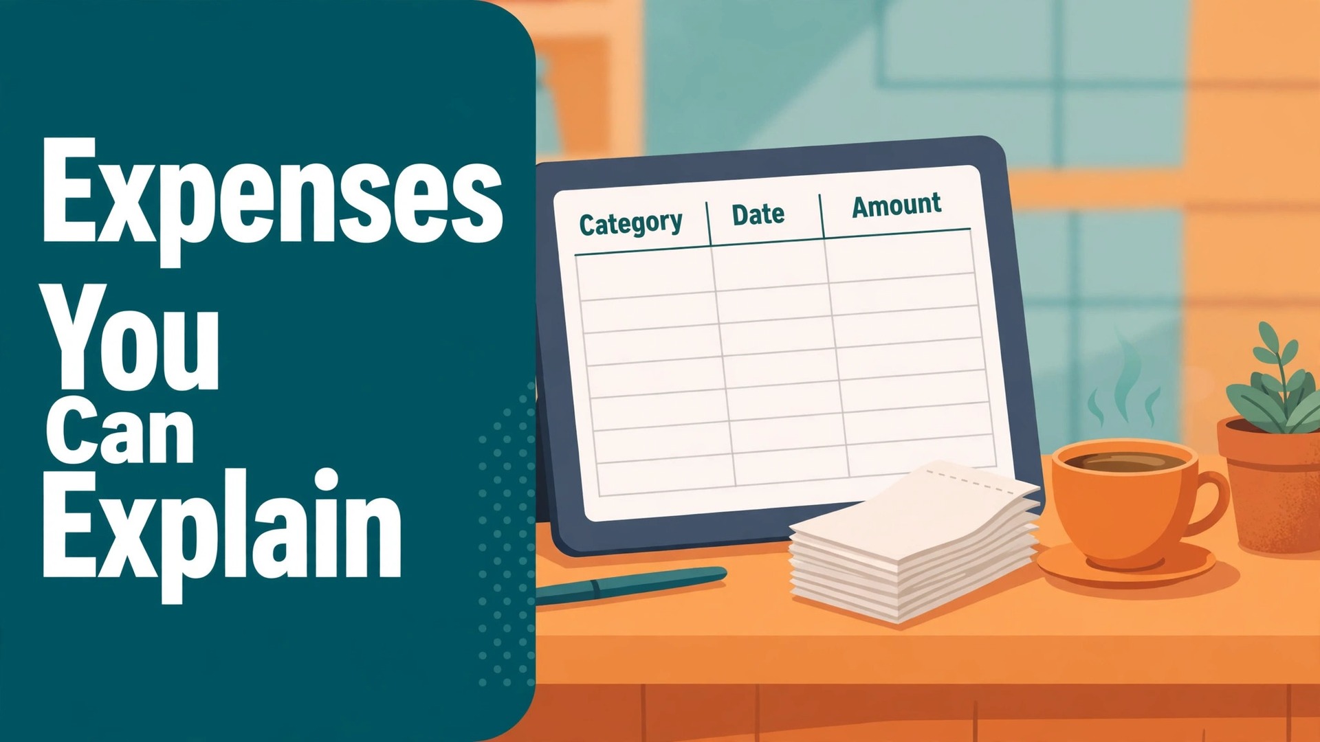 Use Google Sheets for small business expense tracking thumbnail with an expense sheet on a tablet at a shop counter titled Expenses You Can Explain