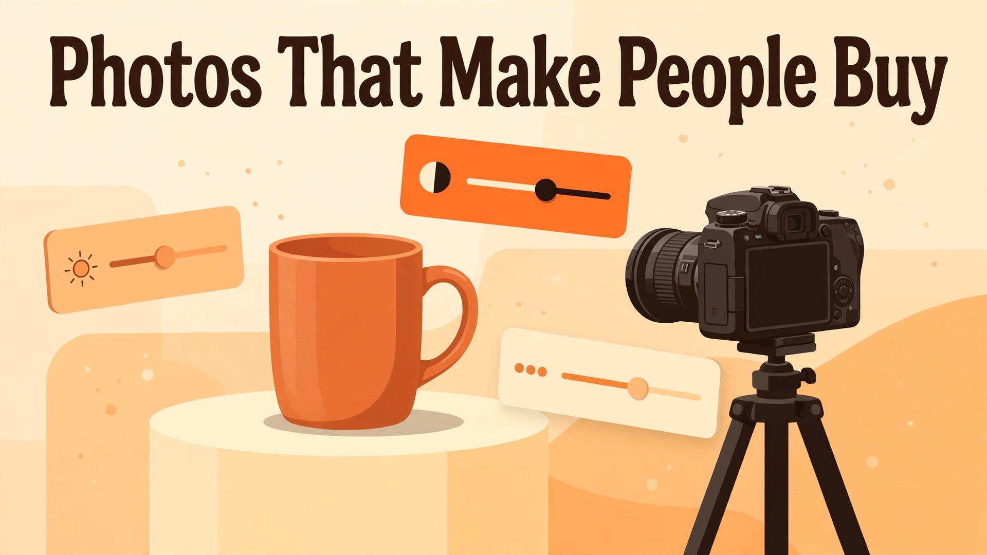 Use Lightroom for product photo editing ecommerce thumbnail with a product mug on a studio pedestal beside editing sliders titled Photos That Make People Buy