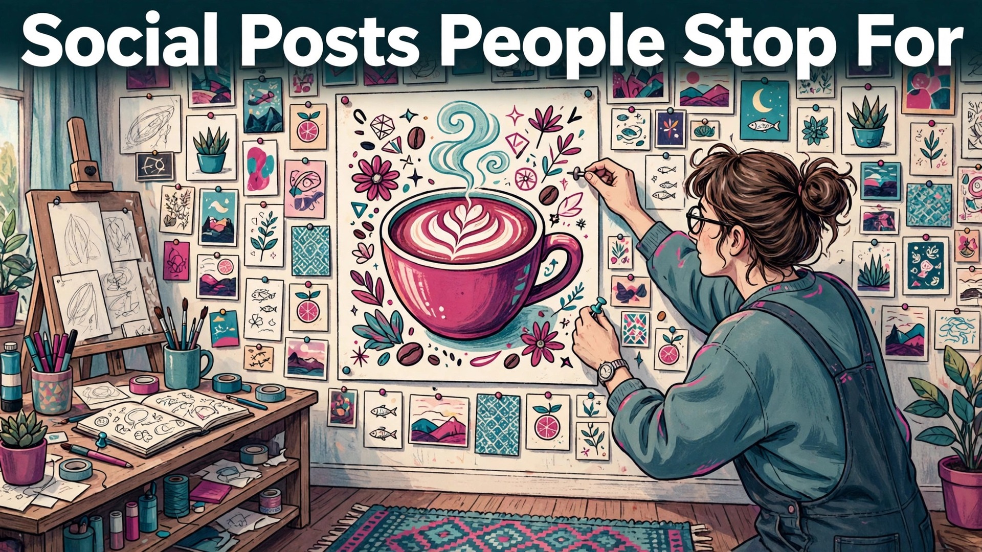 Use Midjourney for social media post design thumbnail with a designer pinning a colourful poster to a studio wall titled Social Posts People Stop For