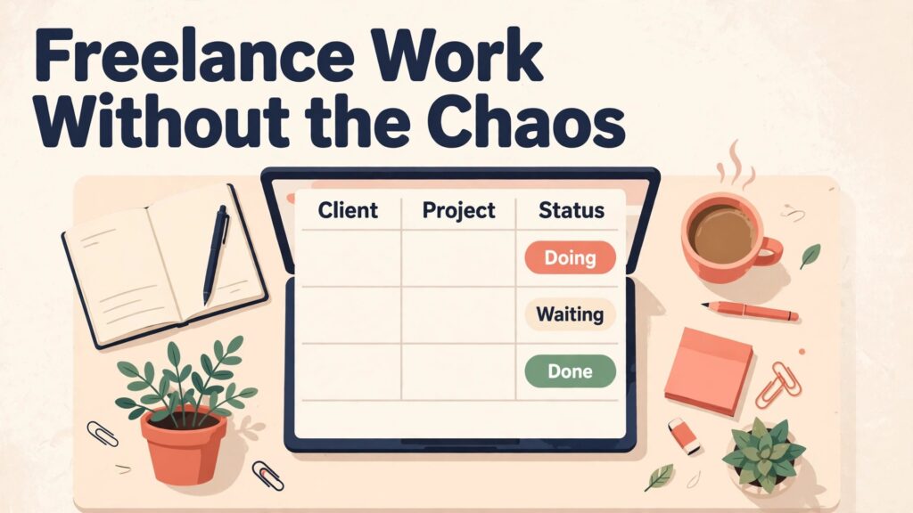 Use Notion for freelance project tracking thumbnail with a freelancer desk and client project status board titled Freelance Work Without the Chaos