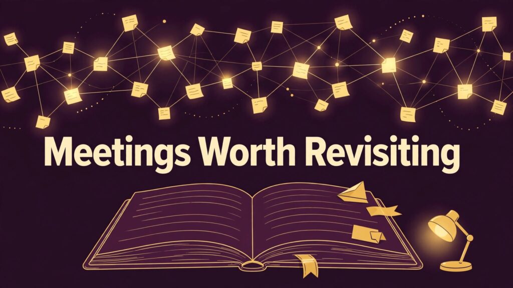 Use Obsidian for meeting notes system thumbnail with a glowing linked-notes network above an open notebook titled Meetings Worth Revisiting