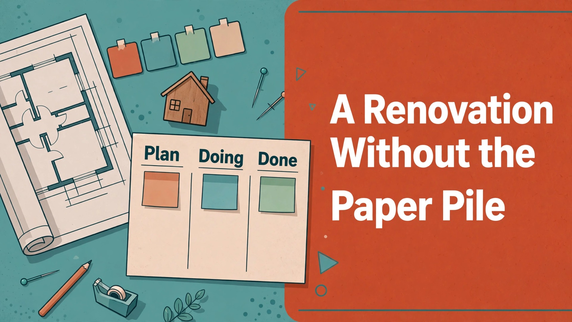 Use Trello for home renovation planning thumbnail with a blueprint and Plan Doing Done board titled A Renovation Without the Paper Pile