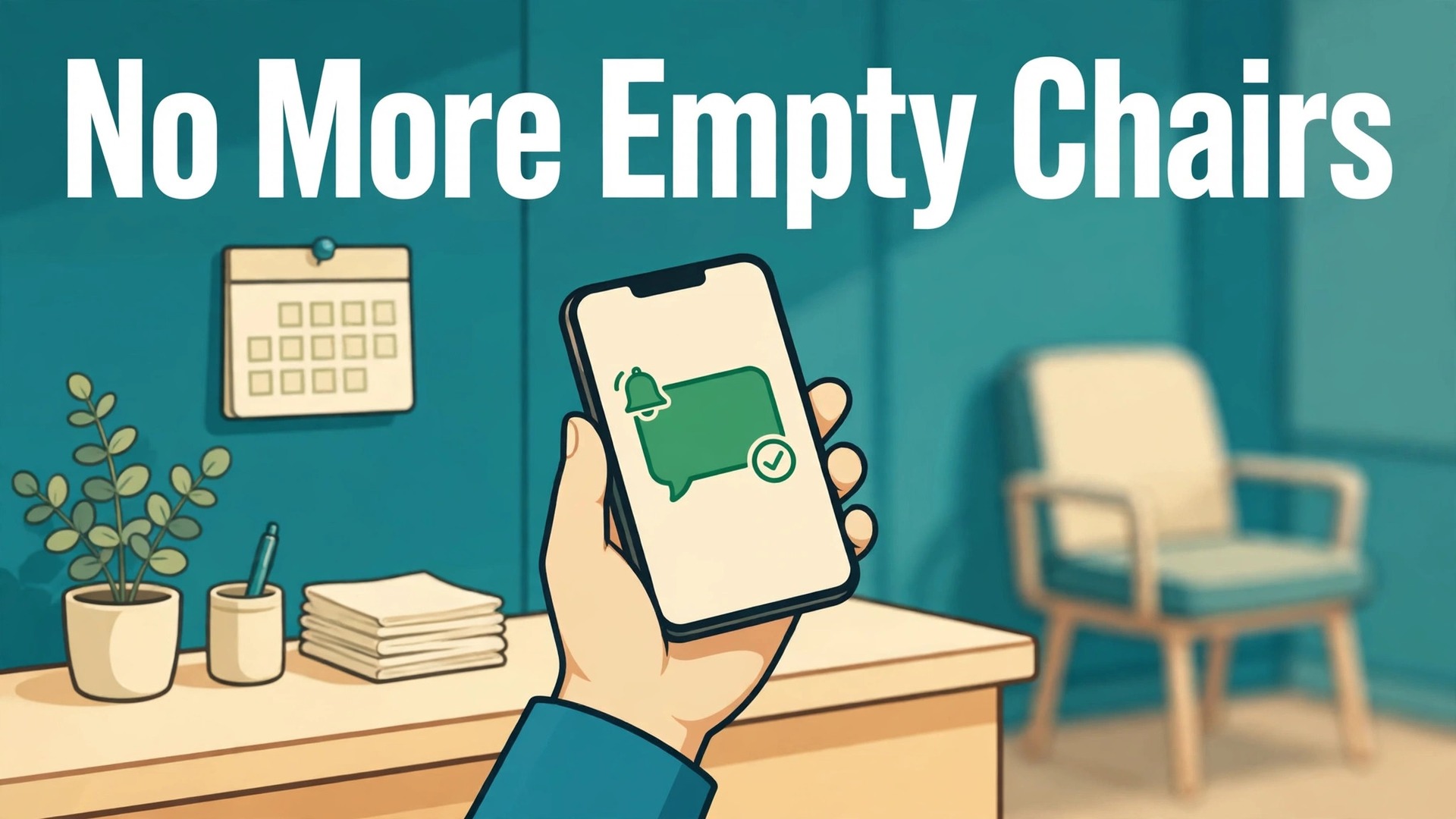 Use WhatsApp for appointment reminders clinic thumbnail with a phone showing a confirmed appointment message at a clinic desk titled No More Empty Chairs