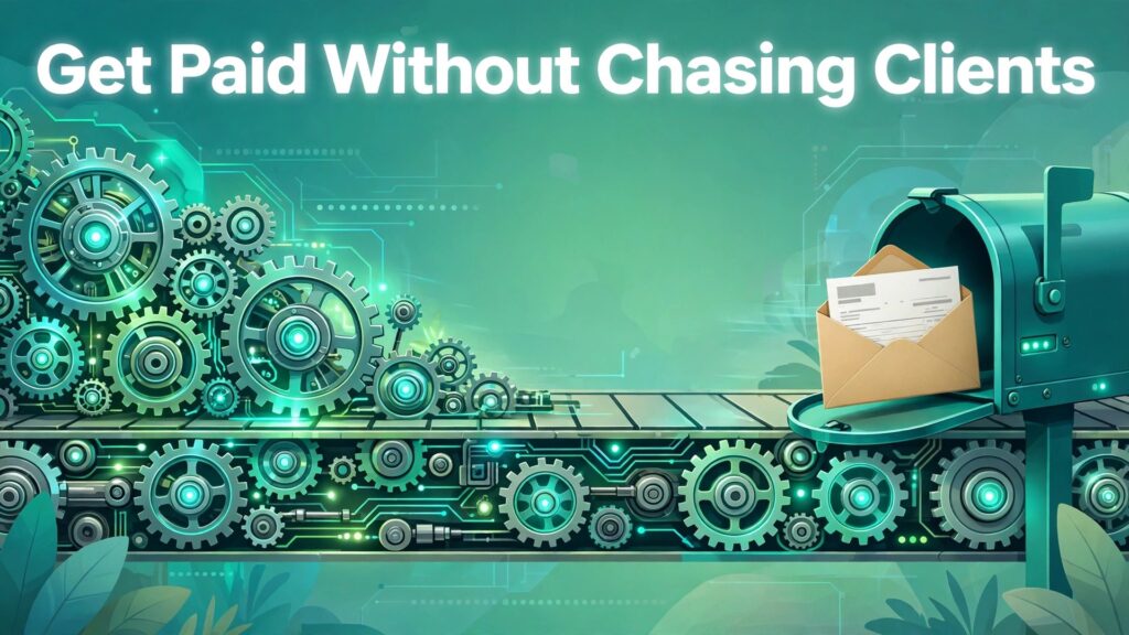 Use Zapier for invoice payment reminders thumbnail with an invoice travelling along an automation conveyor into a mailbox titled Get Paid Without Chasing Clients