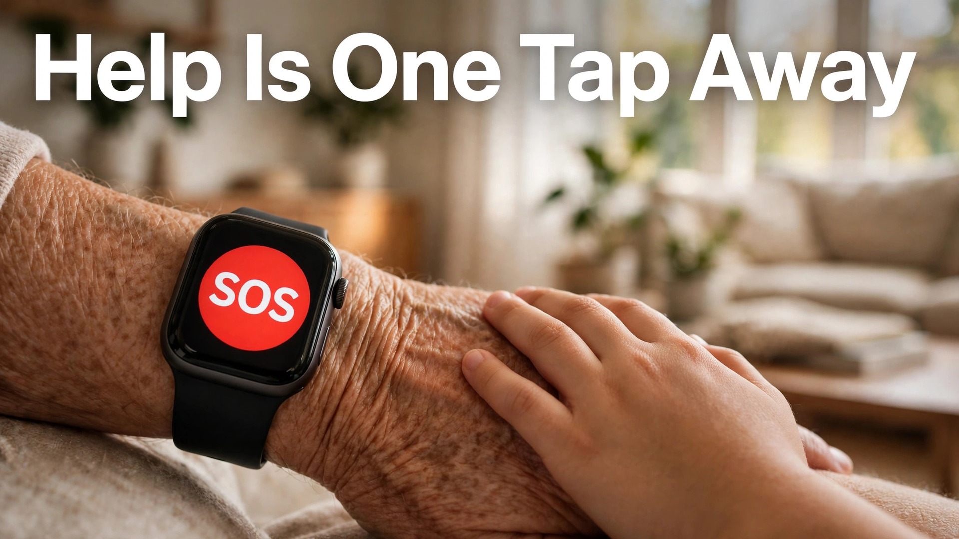Set up Apple Watch for family safety thumbnail with a wrist close-up of a smartwatch showing a large red SOS button titled Help Is One Tap Away