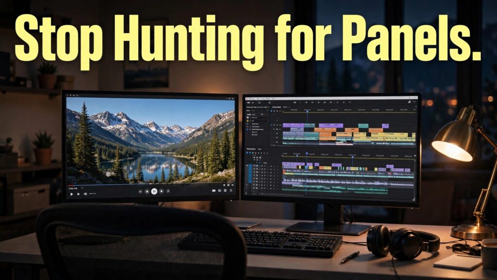 Set up dual monitor for video editing thumbnail with a video editing desk and two monitors showing a mountain preview and a timeline
