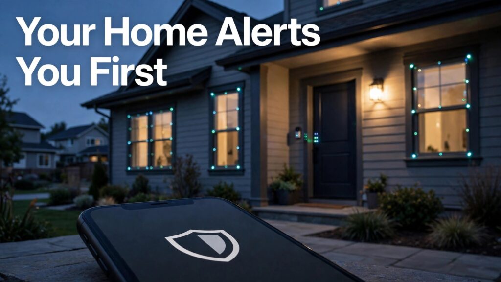 Set up home security system DIY thumbnail with a house at dusk, glowing security sensors and a phone showing a shield titled Your Home Alerts You First