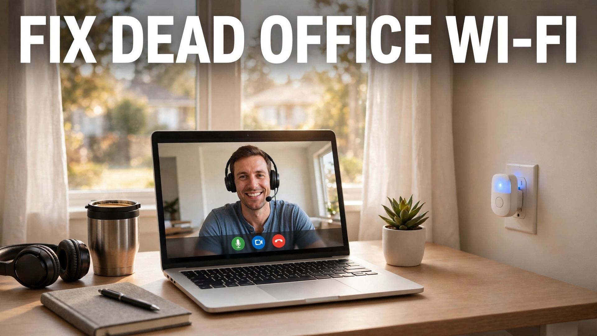 Set up wi-fi extender for home office thumbnail with a home office laptop on a video call and a glowing plug-in extender in a wall socket titled Fix Dead Office Wi-Fi