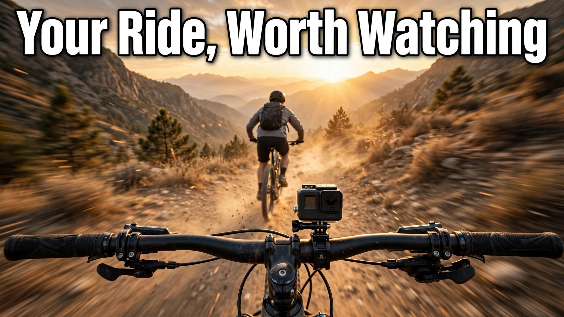 Use action camera for cycling videos thumbnail with a handlebar camera view of a cyclist on a mountain trail at sunrise