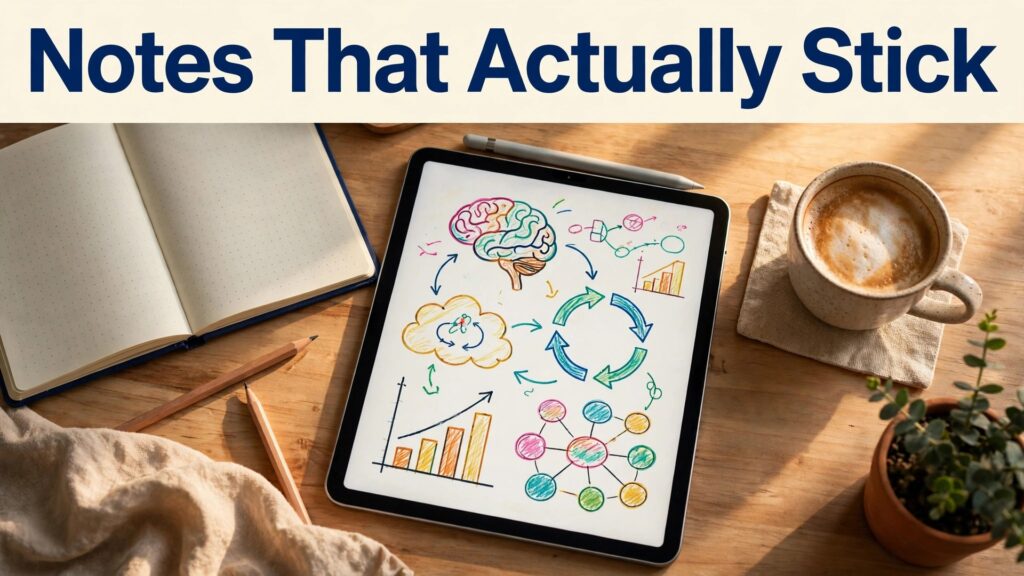 Use iPad for digital note-taking students thumbnail with a student desk and tablet showing colourful study diagrams titled Notes That Actually Stick