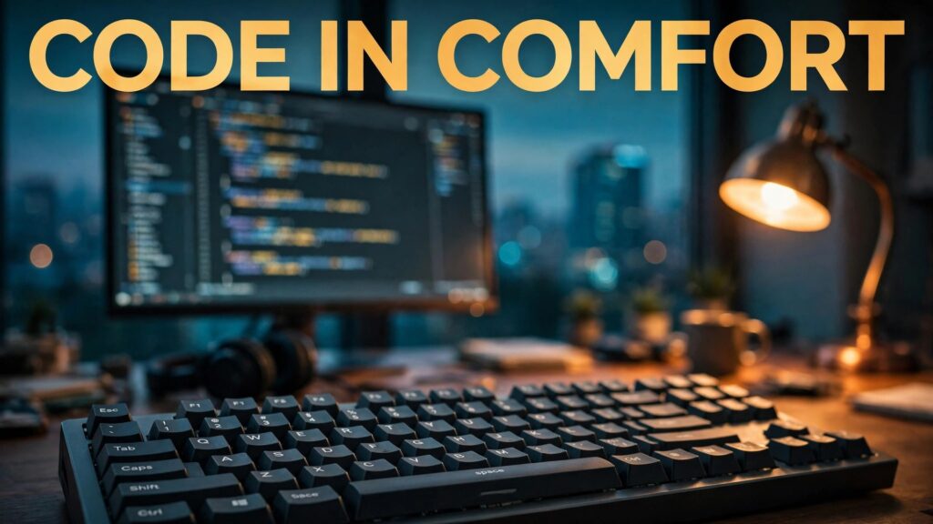 Use mechanical keyboard for programming setup thumbnail with a programmer desk at dusk and a mechanical keyboard in front of a code monitor titled Code in Comfort