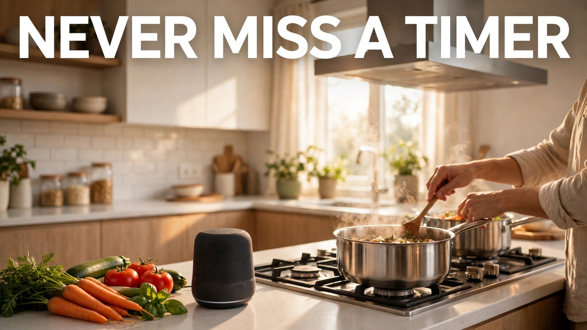 Use smart speaker for kitchen cooking timers thumbnail with a smart speaker on a kitchen counter beside a cooking pot and fresh vegetables titled Never Miss a Timer