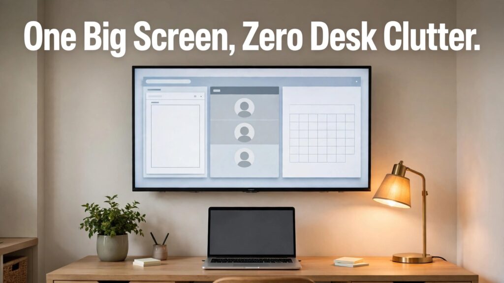Use smart TV for home office display thumbnail with a wall-mounted television showing a clean workspace above a laptop desk titled One Big Screen, Zero Desk Clutter