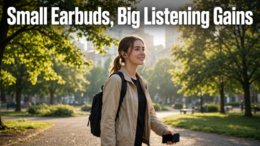 Use wireless earbuds for language practice thumbnail with a commuter walking a park path wearing wireless earbuds titled Small Earbuds, Big Listening Gains