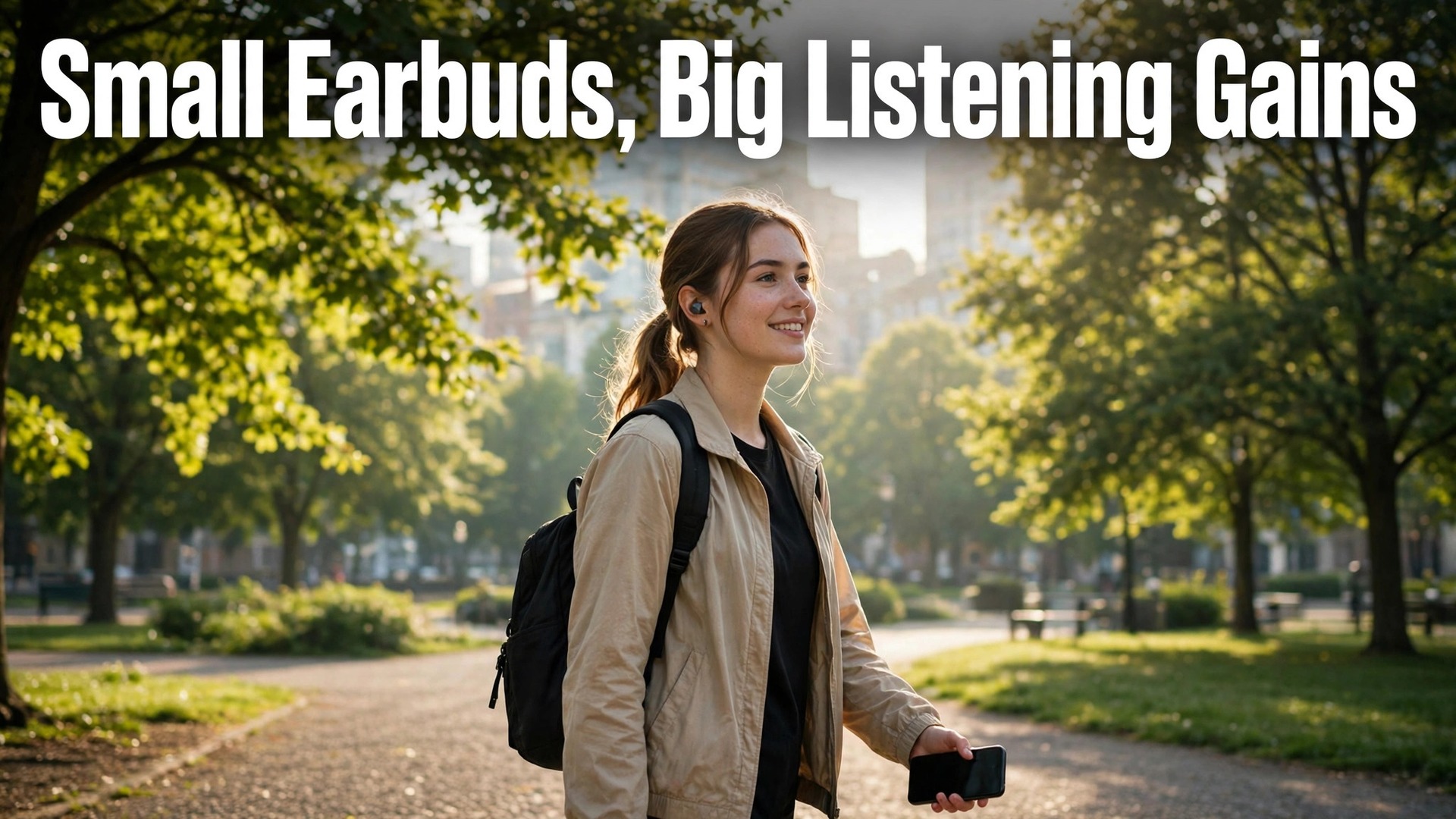 Use wireless earbuds for language practice thumbnail with a commuter walking a park path wearing wireless earbuds titled Small Earbuds, Big Listening Gains