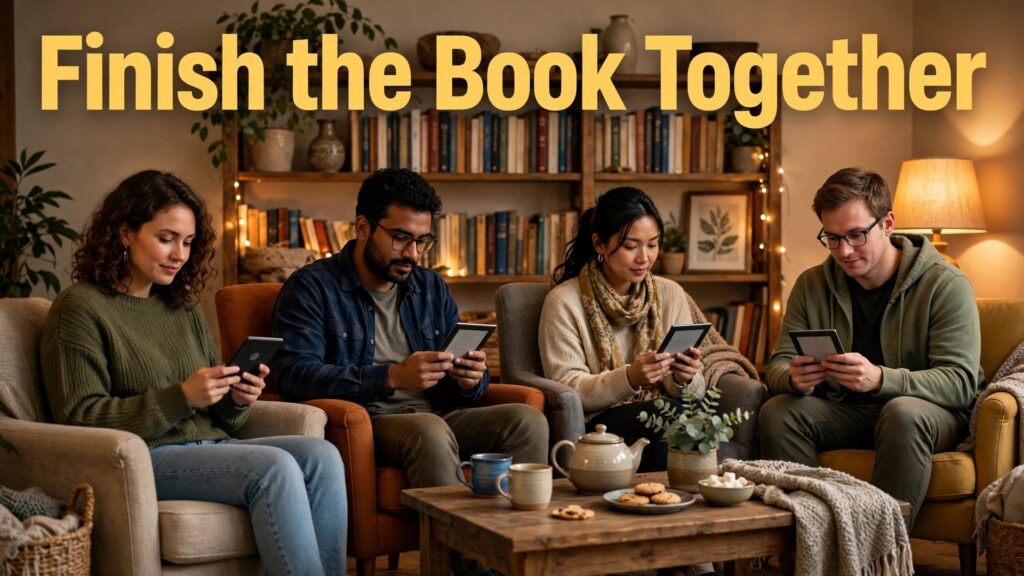 Use e-reader for book club reading thumbnail with four book club members reading on e-readers in a warm living room