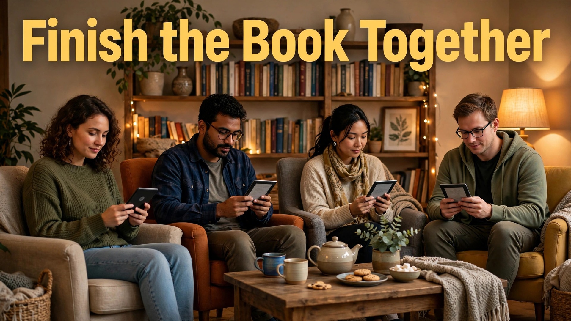 Use e-reader for book club reading thumbnail with four book club members reading on e-readers in a warm living room