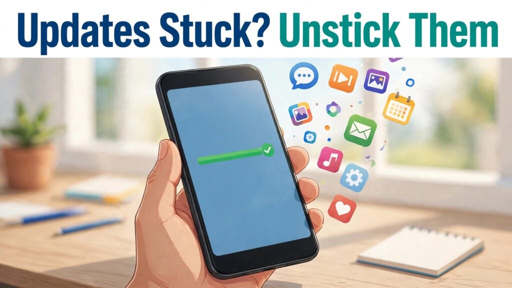 Fix Android apps not updating Play Store thumbnail with a hand-held phone showing a completed update progress bar and app icons titled Updates Stuck? Unstick Them