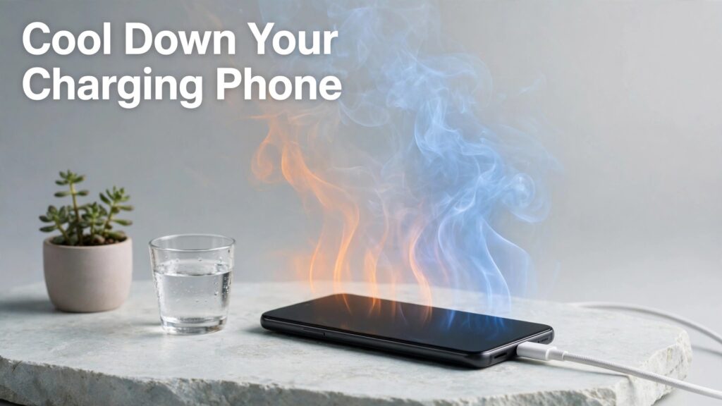 Fix Android phone overheating charging thumbnail with a phone charging on stone as orange heat waves turn to cool blue wisps titled Cool Down Your Charging Phone