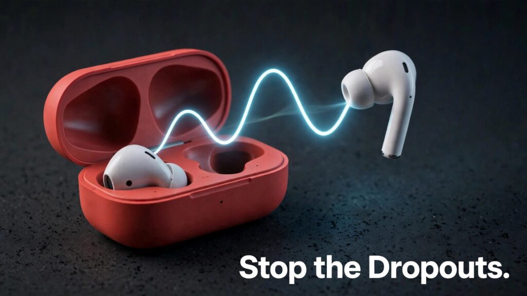Fix Bluetooth earbuds keeps disconnecting thumbnail with wireless earbuds in a coral case linked by a glowing sound wave titled Stop the Dropouts