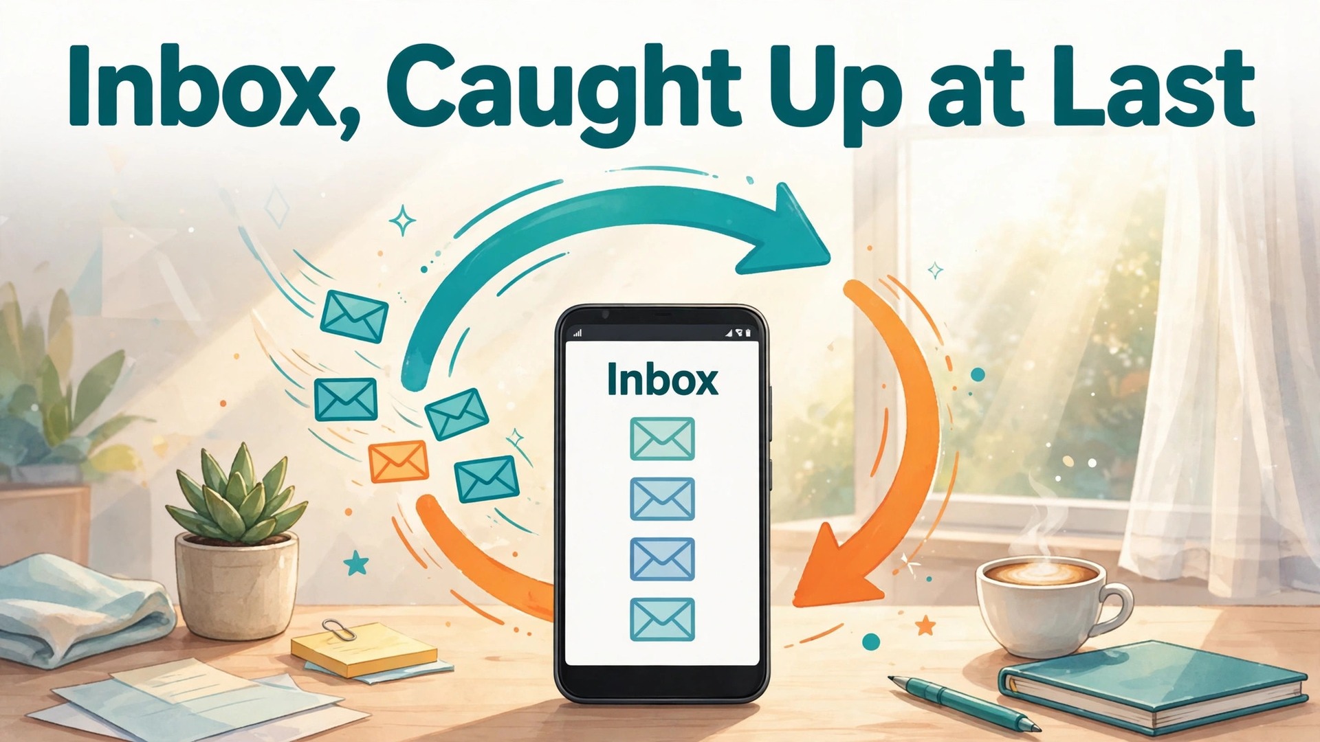 Fix Gmail app not syncing Android thumbnail with a phone inbox and sync arrows circling envelope icons titled Inbox, Caught Up at Last