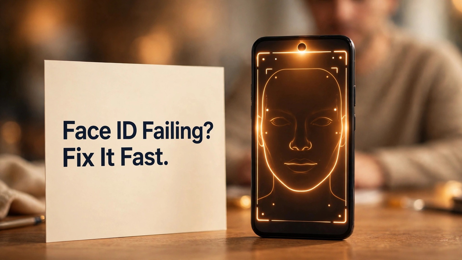 Fix iPhone face ID not working thumbnail with a phone showing a glowing face-scan outline beside a title card titled Face ID Failing? Fix It Fast