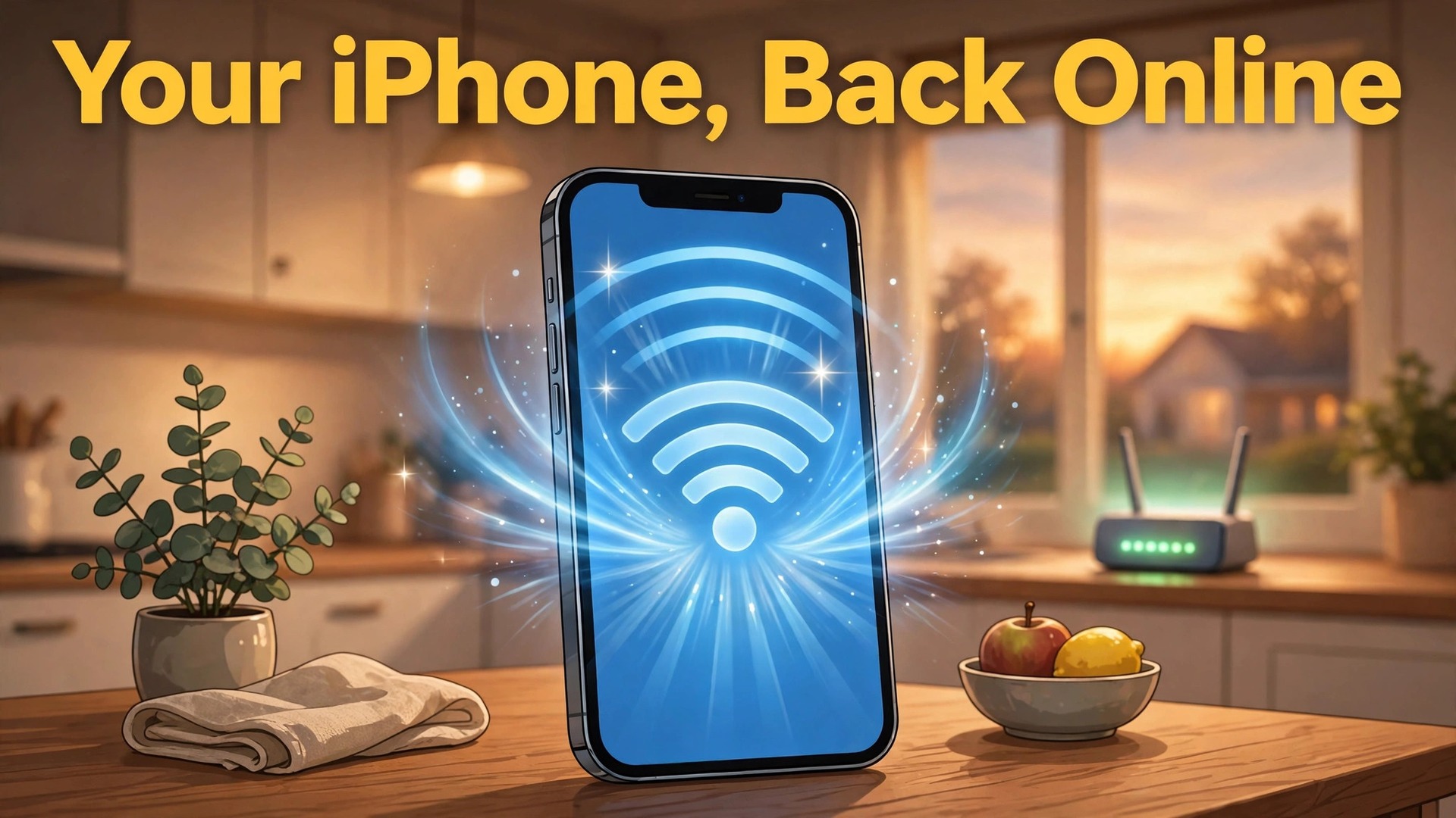 Fix iPhone Wi-Fi not connecting thumbnail with an iPhone on a kitchen table showing glowing Wi-Fi arcs and a router in the background titled Your iPhone, Back Online