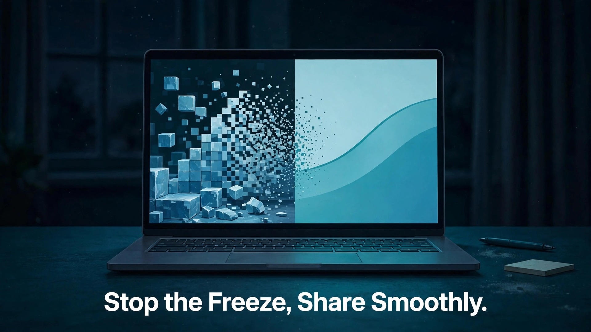 Fix Microsoft Teams screen sharing lag thumbnail with a laptop whose screen changes from frozen pixel blocks to a smooth slide titled Stop the Freeze, Share Smoothly