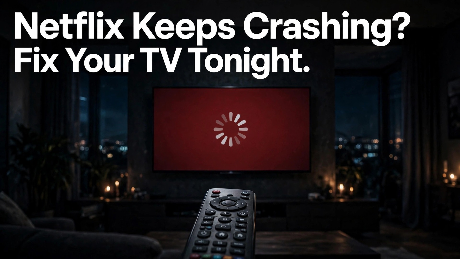 Fix Netflix app crashing smart TV thumbnail with a living room television showing a red crash screen and a remote titled Netflix Keeps Crashing? Fix Your TV Tonight