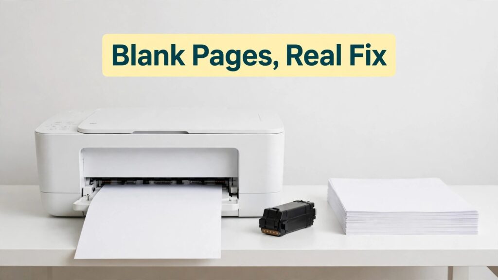 Fix printer printing blank pages thumbnail with a white printer printing a blank sheet beside an ink cartridge titled Blank Pages, Real Fix