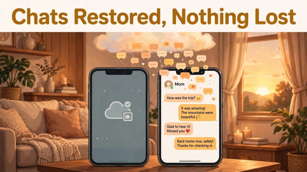 Fix WhatsApp backup not restoring thumbnail with two phones and a cloud raining chat bubbles titled Chats Restored, Nothing Lost