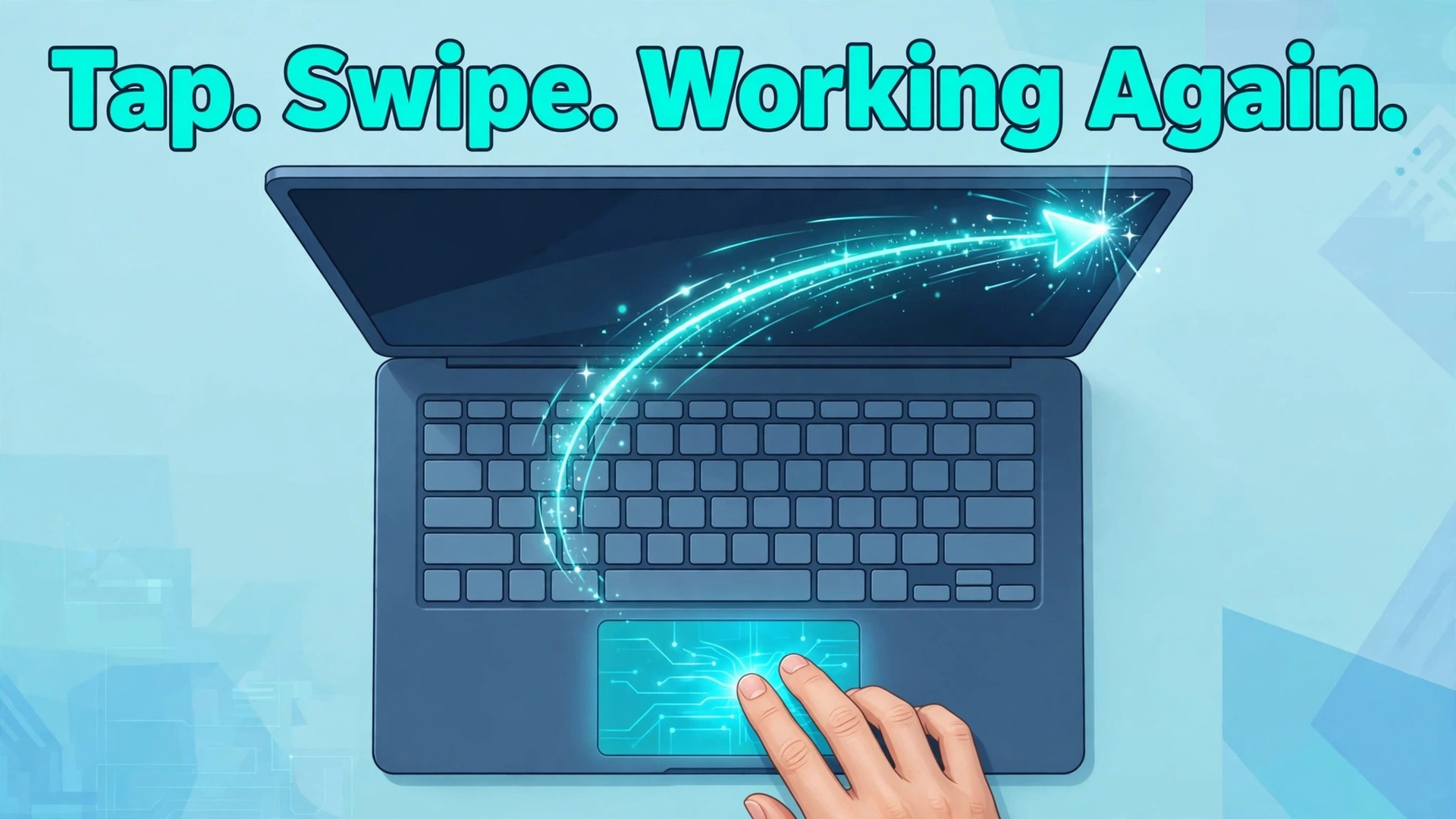 Fix Windows laptop touchpad not working thumbnail with a top-down laptop and fingers on a glowing touchpad titled Tap. Swipe. Working Again