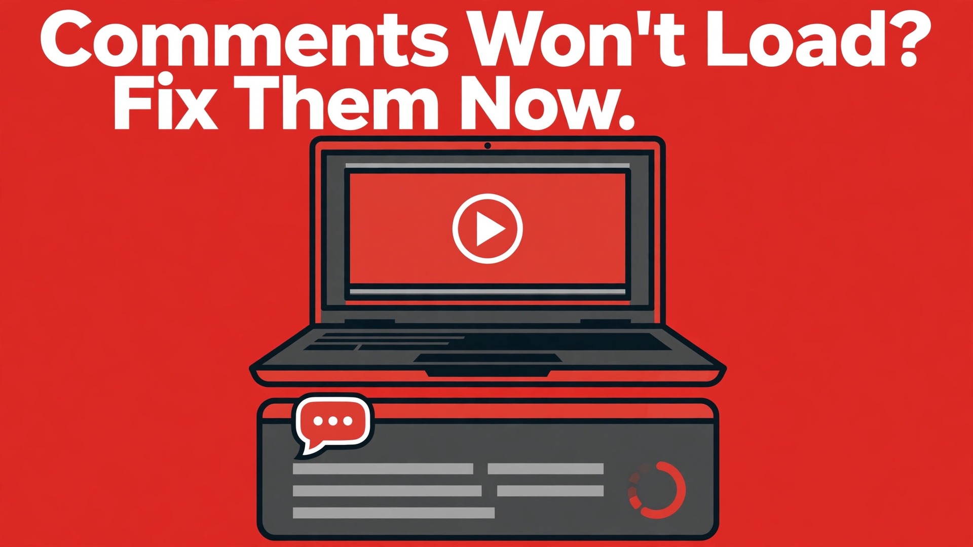Fix YouTube comments not loading thumbnail with a laptop playing a video above an empty comments panel titled Comments Won't Load? Fix Them Now