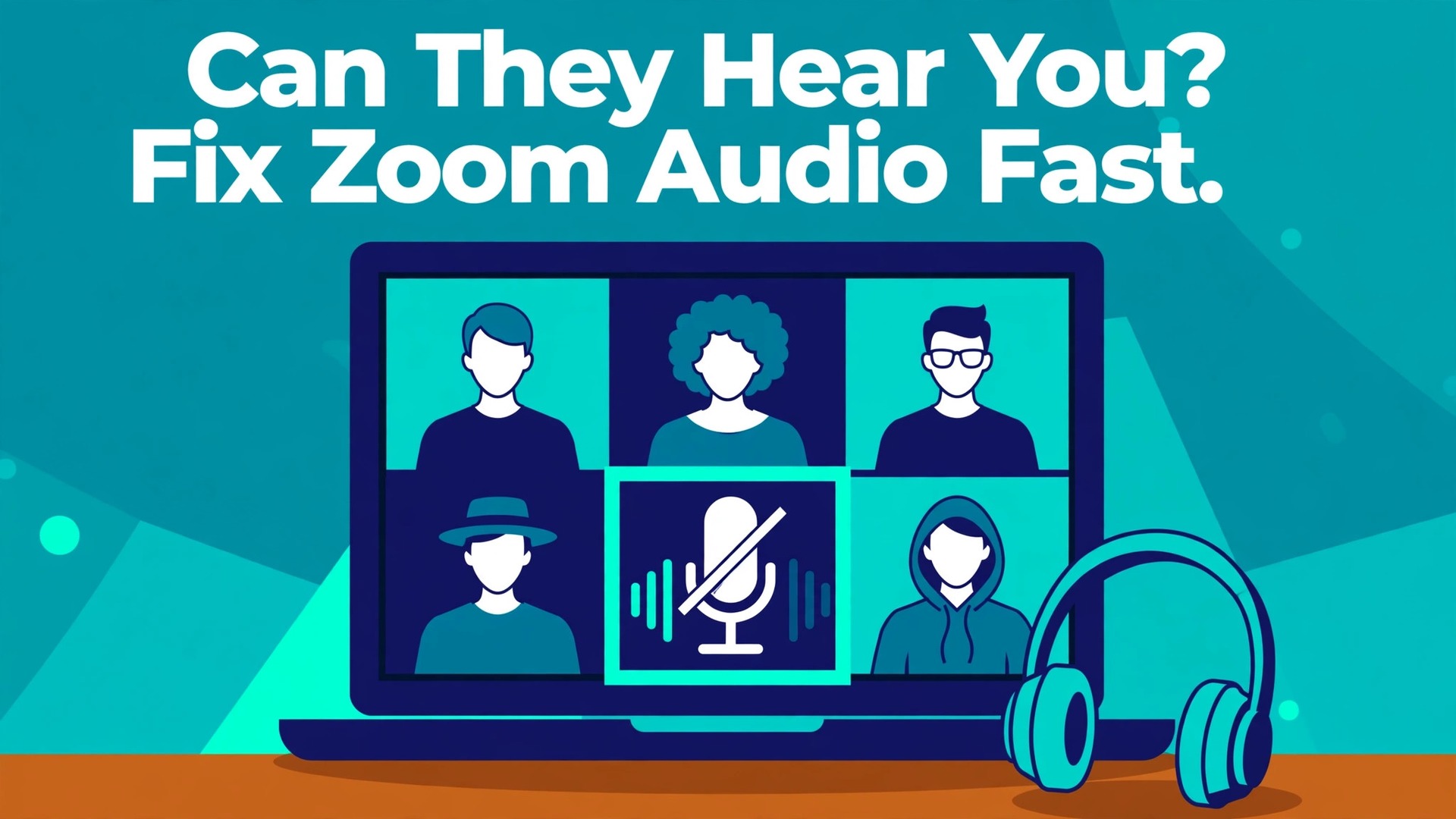 Fix Zoom audio not working meeting thumbnail with a laptop meeting grid and one tile marked with a crossed-out microphone titled Can They Hear You? Fix Zoom Audio Fast