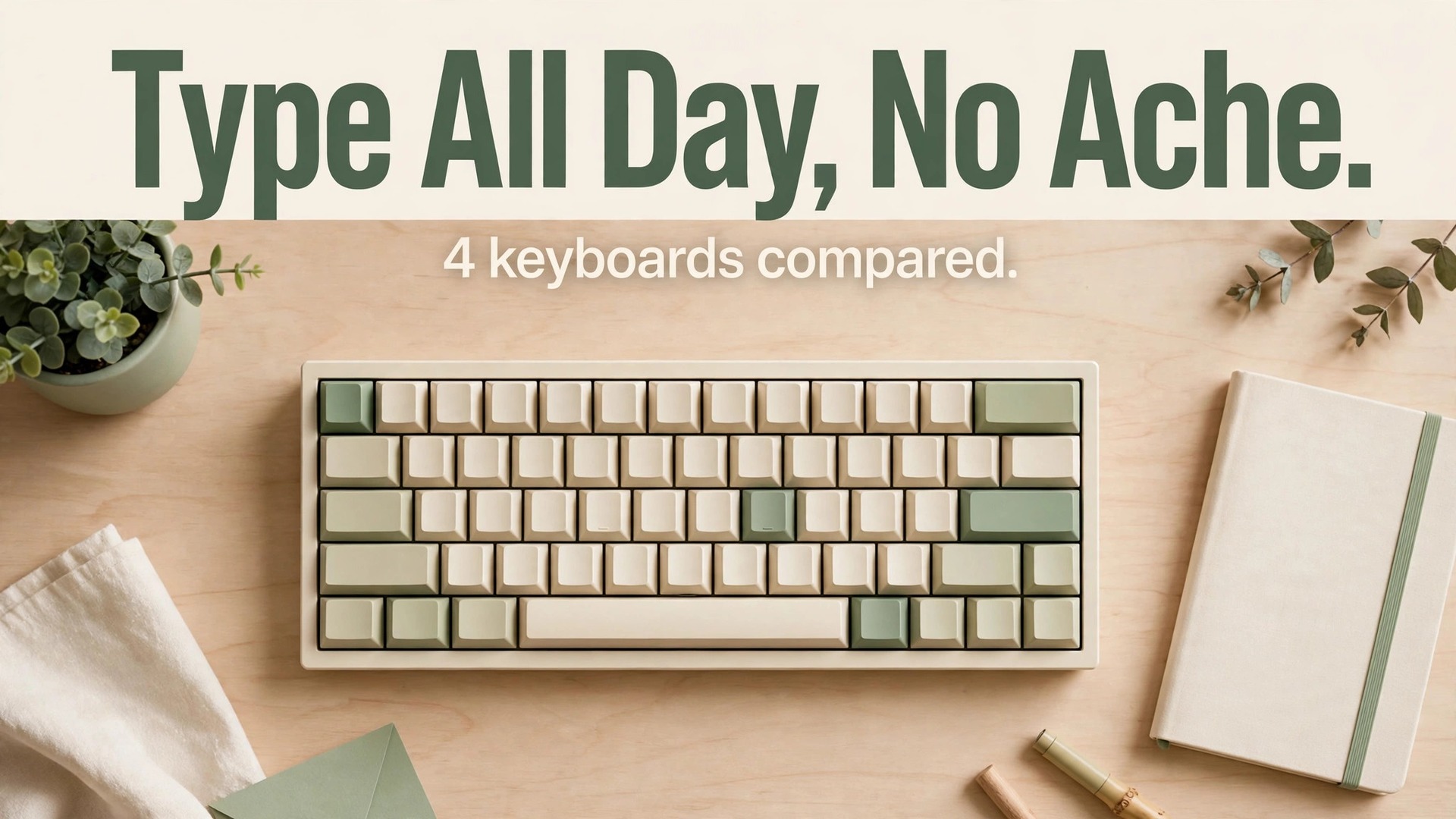 Best keyboard for office typing comfort thumbnail with a top-down keyboard flat lay titled Type All Day, No Ache