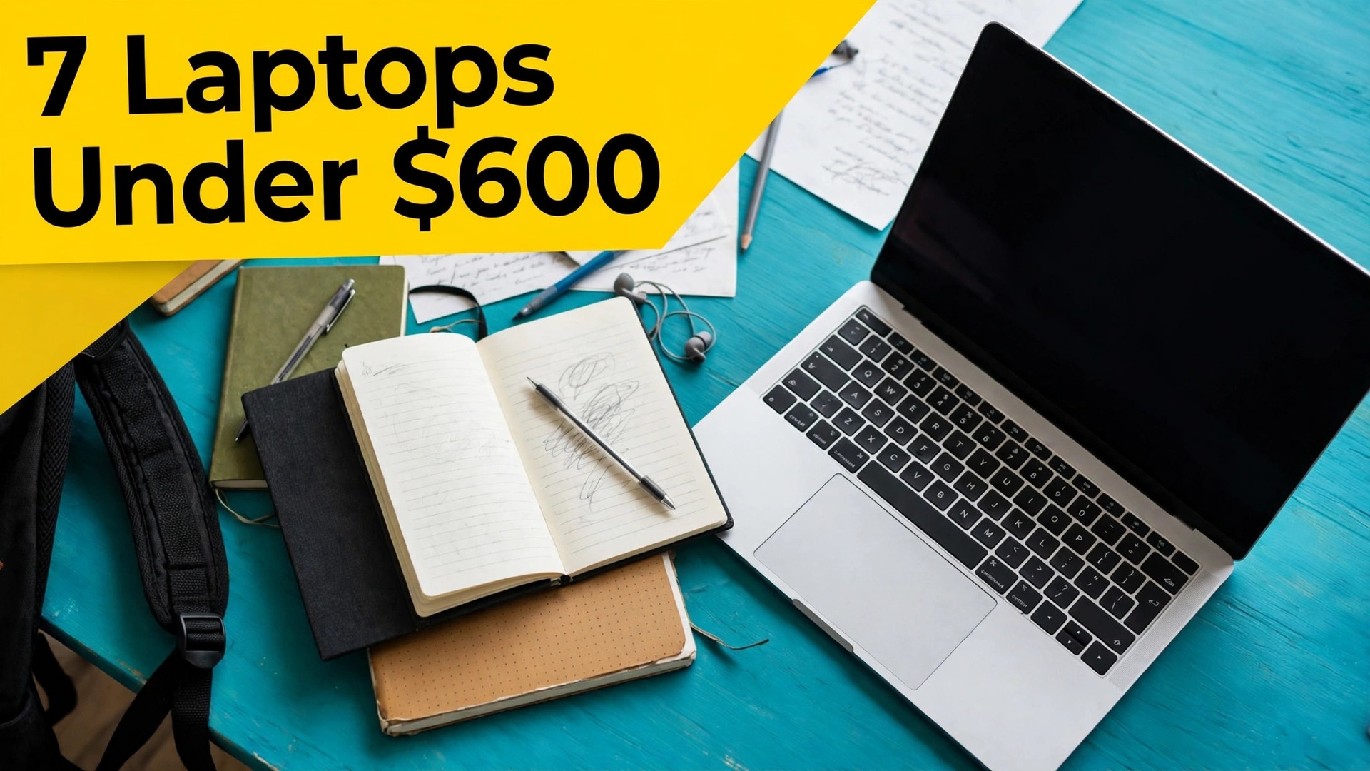 Best laptop for students under 600 thumbnail with a laptop on a teal desk under a diagonal yellow banner titled 7 Laptops Under $600