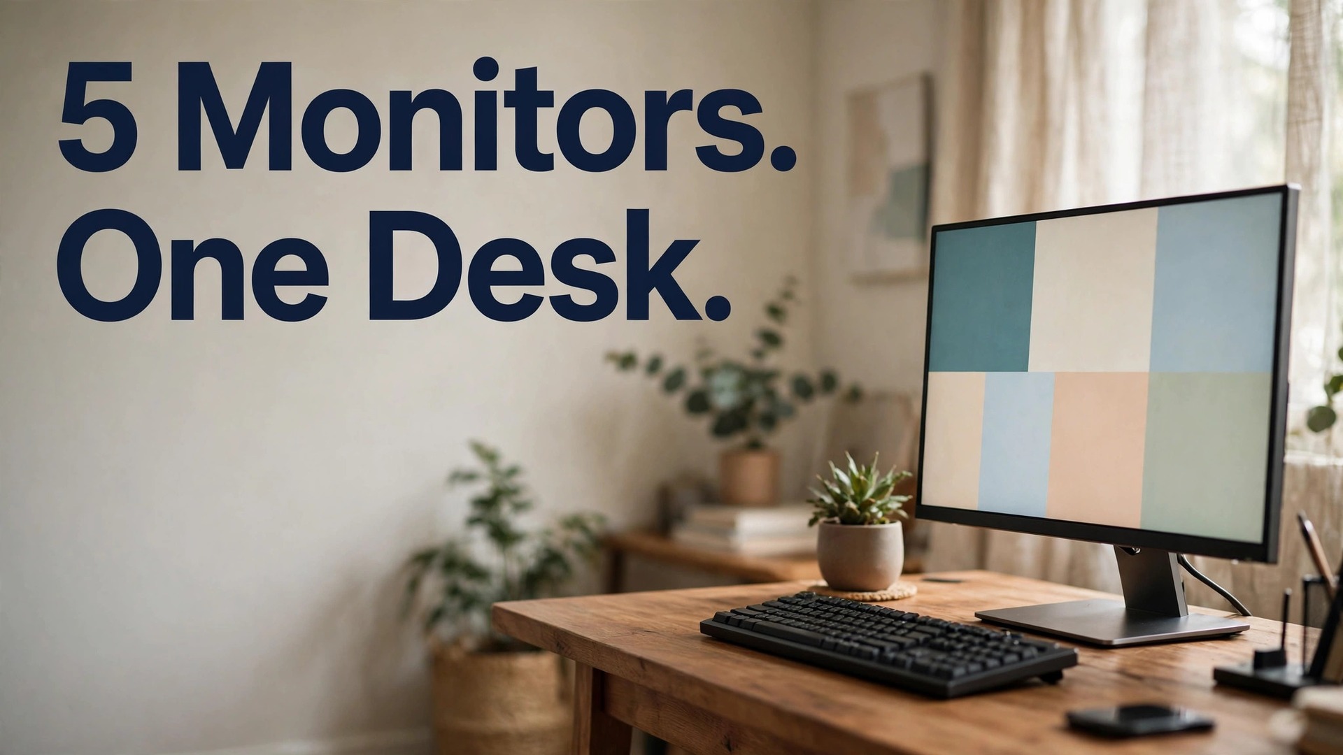Best monitor for home office under 300 thumbnail with a monitor on a light wall showing abstract colour blocks titled 5 Monitors. One Desk