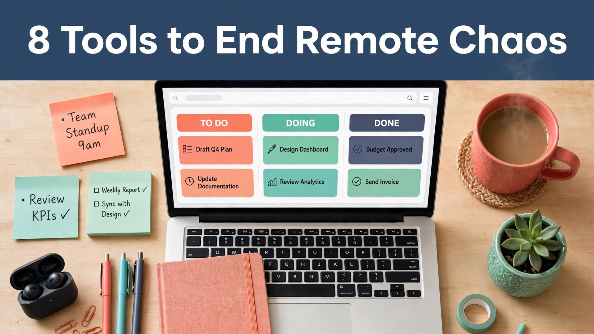 Best project management tool for remote teams thumbnail with a top-down desk flat lay and a laptop kanban board titled 8 Tools to End Remote Chaos